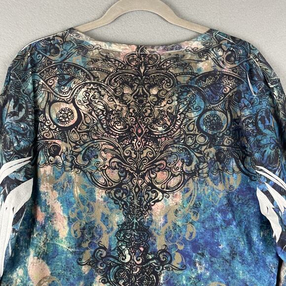 Reba Top Women 2X Burnout Southwestern Rhinestone Aztec Artsy Stretchy Abstract - Picture 11 of 14